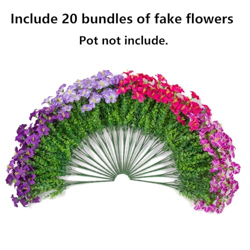 Artificial Flowers for Outdoors Decoration, 20 Bundles Faux Morning Glory with Eucalyptus Look Real UV Resistant Fake Plants Silk Flowers for Outside Yard Gardens Porch Patio Planter Home Urn, Mix - color: 4 Color(5 Purple, 5 Gradient Purple, 5 Fuchsia, 5