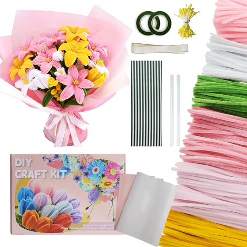 500PCS Pipe Cleaner Flower Kit,Bulk Pipe Cleaners Craft,Chenille Stems with Wrapping Paper for Mother's Day Graduation Birthday Wedding - color: Pink
