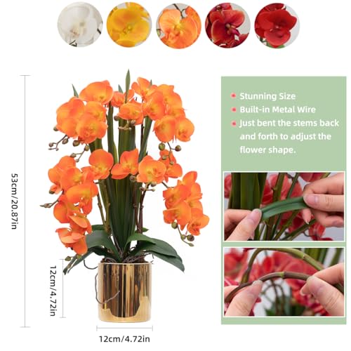 CXGS Artificial Orchid Flower Plants Real Touch Faux Orchids in Ceramic Vase 20.9'' Orange Phalaenopsis Orchid Fake Flower Arrangement Home Indoor Decor - color: Orange- Golden(12cm)
