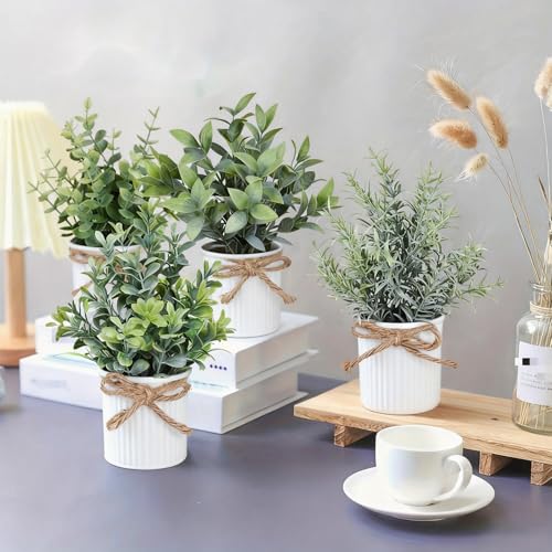 Yoratee 4 Potted Artificial Plants Metal Fake Potted Plant with Iron Pot Mini Greenery Decor Small Faux Plants for Indoor Farmhouse Home Porch Garden Bathroom Room Décor White - color: White