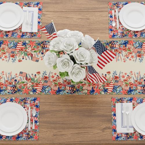 XCHI Watercolor Flowers America Stars Fireworks Memorial Day Table Runner 4th of July Patriotic Independence Day Table Decoration for Party Home Kitchen Dining Holiday Decor 13x60 Inch - size: Table Runner 13x60 Inch