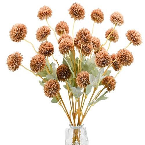 Mandy's 6 Stems Silk Dark Brown Kiku Ball Flowers | Artificial Chrysanthemum Stems for Home Summer Décor Realistic Faux Floral Arrangement Minimalist Elegant Style - color: Dark Brown