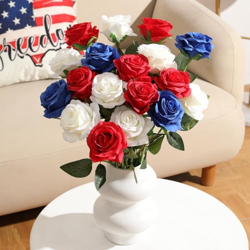 Hawesome 12PCS Artificial Silk Flowers Realistic Roses Bouquet Long Stem for Home Wedding Decoration Party (Red, White, Blue, 12Pcs Flowers) - color: Red, White, Blue, size: 12Pcs Flowers