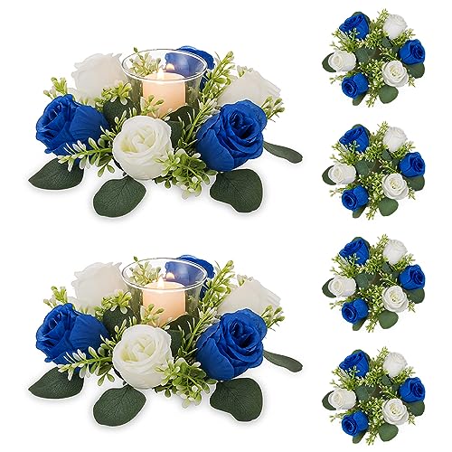 NUPTIO Small Wreath for Table Centerpieces: 9.05 Inch Royal Blue & White Flower Candle Rings for Wedding Party Christmas - Rose Wreaths for Spring Summer Front Door Porch Decor 6 Pcs - color: Royal Blue & White, size: Dia 9.05"-6pcs