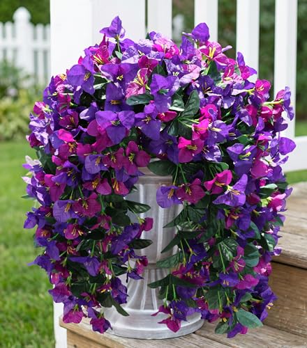 HyeFlora Bougainvillea Artificial Hanging Flowers Plants for Outdoors Decoration, 2pcs Fake Flowers Silk Bougainvillea Vines Realistic UV Resistant Faux Flowers for Outdoor Planters Porch Patio, Mix - color: Purple + Fuchsia