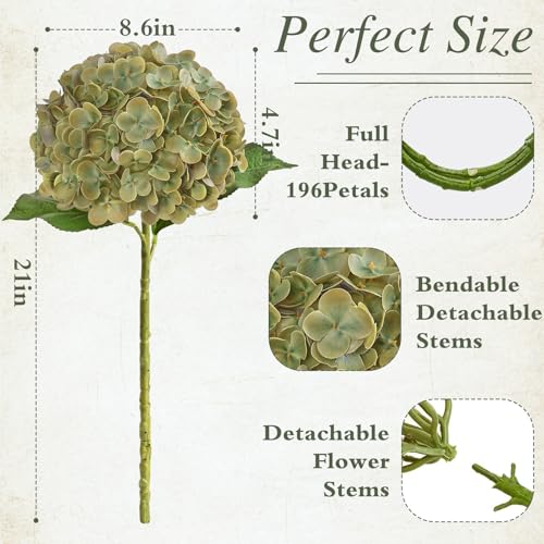 Waipfaru Green Hydrangea Artificial Flowers, 21" Real Touch Hydrangea Flowers, Faux Hydrangea Flowers Outdoor, Latex Artificial Hydrangeas All Season Indoor & Outdoor Home Decor & Wedding Arrangement - color: Dark Green, size: 3pcs