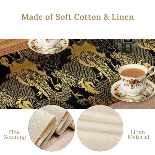 Chinese Dragon Table Runner, Black Gold Oriental Culture Art Japanese Design Print Table Runner for Kitchen Dining Wedding Party Holiday 13x36in - color: Aisa-5, size: 13x36in