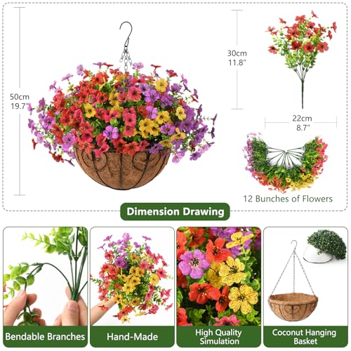 Homsunny Artificial Fake Hanging Flowers Plants Basket for Outdoor Spring Summer Decoration, Faux Silk Flower Outside UV Resistant Look Real Yard Patio Front Porch Garden Balcony Home Decor(Mix3) - color: Pink Red Yellow Purple