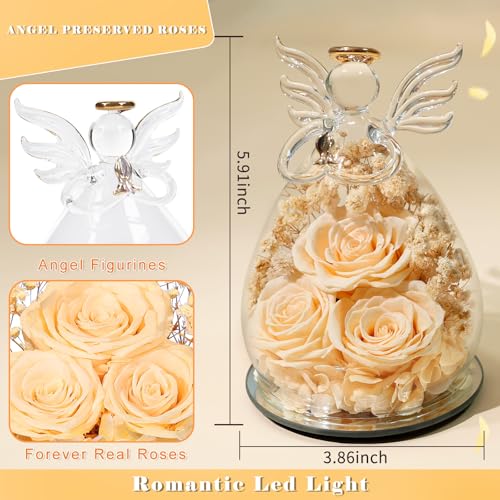 Beferr Gifts for Mom Birthday Gifts for Women, Fresh Flowers for Delivery Forever Preserved Rose in Glass Angel Figurine, Anniversary Christian Real Rose for Grandma Wife Mother from Daughter Son - color: D Champagne