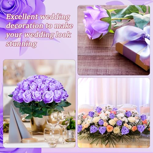 30pcs Fake Roses Artificial Silk Flowers Long Stems Bouquet for Wedding Bridal Shower Party Home Decoration (Purple) - color: Purple