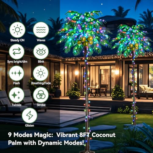 Ledido 8FT Lighted Palm Trees for Pool, 35 Colors Changing Light Up Palm Trees Outdoor with Remote, Led Artificial Fake Tree with Coconuts for Outside Patio Tiki Bar Yard Tropical Party Indoor Decor - color: Color Changing, size: 8ft
