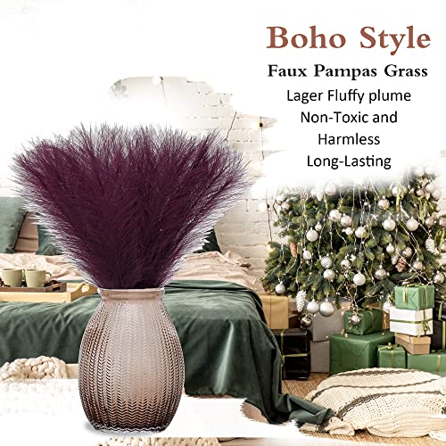 Dark Purple Pampas Grass Small, 30 Pcs 17" Faux Pampas Grass Short Decor, Pompas Grass Flower Arrangement and Vase Filler for Boho Home Wedding Decoration - color: Dark Purple, size: 17'' Tall