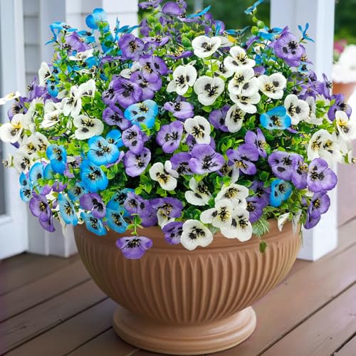 16 Bundles Artificial Fake Pansies Flowers for Outdoors Silk Colorful Pansy UV Resistant Faux Plastic Plants for Outside Planter Front Door Porch Yard Patio Garden Decor (Blue Purple White) - color: Blue Purple White
