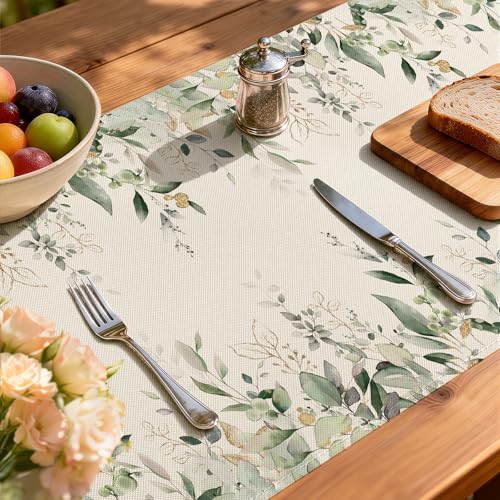 Larponder Summer Eucalyptus Table Runner, 13x108 Inch | Table Decoration for Seasonal Anniversary Holiday Kitchen Dinning Table Home Party Decor - color: Eucalyptus, size: 13" x 108" (Rectangular)