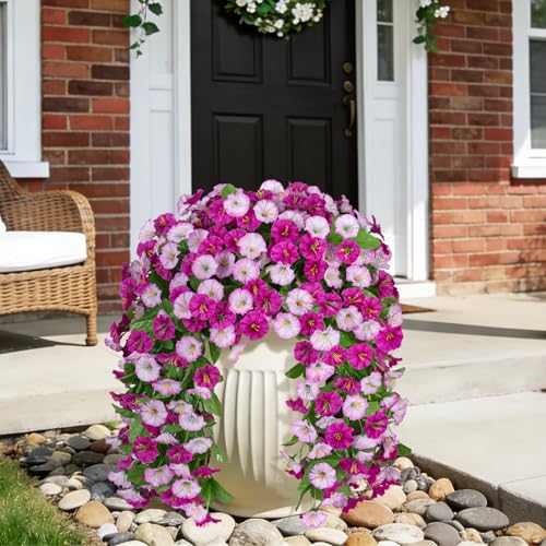INXUGAO Artificial Fake Hanging Flowers Plants for Outdoor Decoration, 2PCS Faux Silk Morning Glory Long Vines Stems UV Resistant Look Real for Outside Home Porch Patio(Violet) - color: Violet