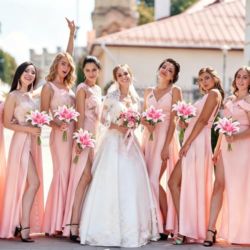 12 Bundles Pink Lily Artificial Flower with 12 Head Full Bloom Lily & 24 Bud Rhinestone Fake Permanent Flower Wedding Party Decor Home Hotel Bouquet Centerpiece Floral Arrangement - color: Pink, style: Rhinestone Lily