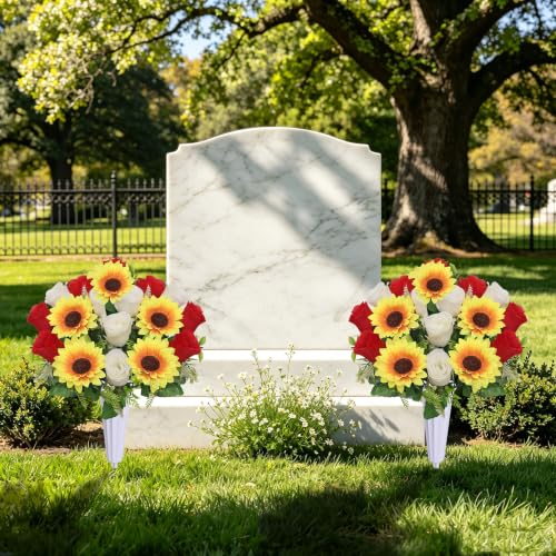 Lodou Artificial Cemetery Flowers for Grave,Set of 2 Artificial Rose Sunflower Bouquet Graveyard Memorial Flowers for Outdoor Grave Decorations ﻿ (Red White) - color: Red White