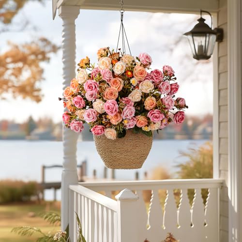 Artificial Rose Flowers for Outdoor 4 Bundles Rose Bouquet with Daisy Faux Flowers UV Resistant for Home Indoor Outside Garden Porch Window Box Balcony Yard Porch Fall Decor (Pink+Orange) - color: Pink+orange