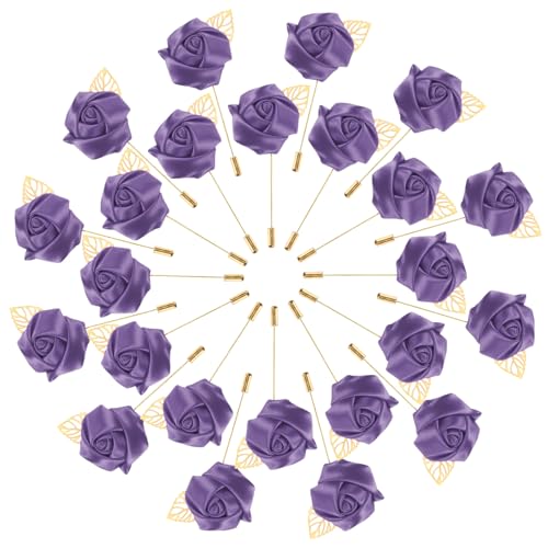 M METERXITY 48-Pack Flower Lapel Pins for Men, Golden Leaf Rose Boutonnieres Pin Groom Boutonnieres for Wedding/Dance/Party, Men Lapel Pins for Suits Satin Flower Corsage [Purple] - color: Purple