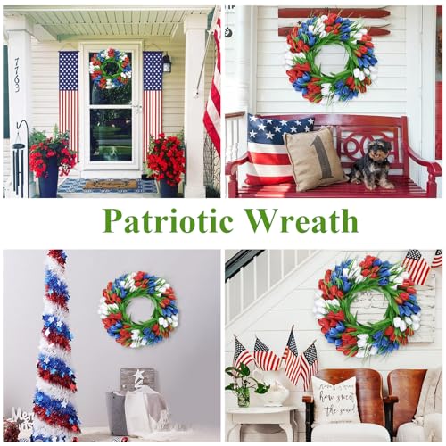 U'Artlines 20 Inch Tulip Patriotic Wreath for Front Door, 4th of July Summer Wreath with Green Leaves Red White Blue Tulip Flower Wreaths for Independence Day Anniversary Memorial Day Decor - color: Red White Blue, size: 20 Inch