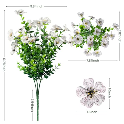 Lnoicy 20 Bundles Artificial Flowers for Outdoor Fake Plants for Spring Decoration,Faux Eucalyptus Flowers for Planter UV Resistant Lifelike for Home Porch Garden（White） - color: White