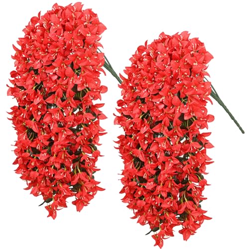 2Pcs Artificial Flowers for Outdoors - Red Realistic Faux Silk Bougainvillea Flowers, Fake Hanging Plants for Porch Patio Balcony Decoration - color: Red, size: 2 Pcs