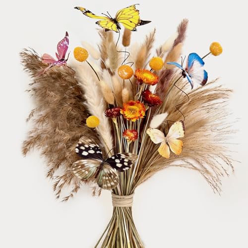 Fall Dried Flower Bouquet with Pampas Grass & Butterflies Arrangement | Boho Fall Decor for Autumn Home,Vase,Moody Office,Table Centerpiece Indoor Décor - color: Fall