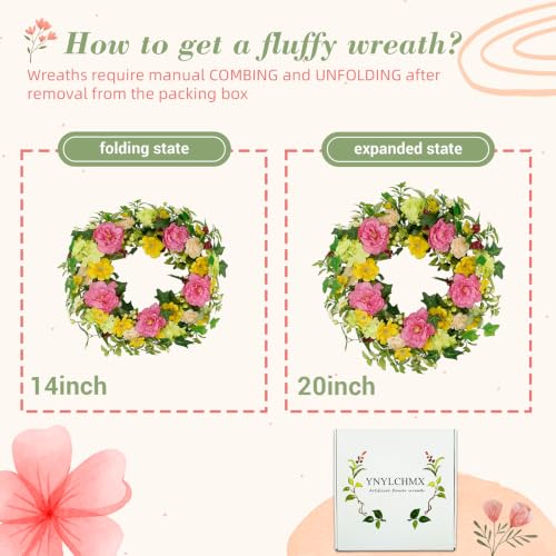 YNYLCHMX 20" Spring Summer Wreaths for Front Door, Artificial Floral Wreath with Peony and Eucalyptus Leaves, Green Foliage Wreath for Wall Window Farmhouse Party Holiday Home Decor - color: Colorful Peony