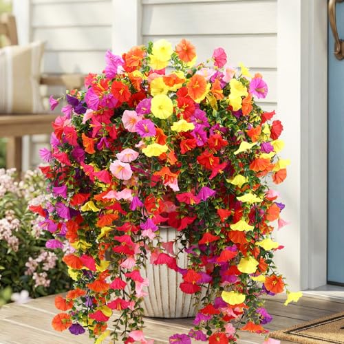 CEWOR 4pcs Artificial Hanging Plants for Outdoor, Fake Flowers Faux Silk Morning Glory with Eucalyptus, UV Resistant Realistic Faux Flower Greenery for Outside Indoor Home Porch Patio Decor - color: Multicolor Morning Glory