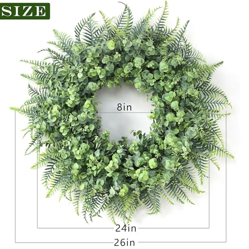 26'' Eucalyptus and Boston Ferns Wreath for Front Door - Large Artificial Greenery Outdoor Wreath for Porch,Window,Farmhouse,Home,Hanging Decor- Spring, Summer, All Seasons (Gray-Green)