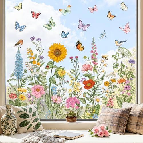 decalmile Spring Summer Vintage Wildflower Double Sided Window Clings Garden Flower Butterfly Birds Anti-Collision Glass Doors Window Stickers Decals - color: Vintage Flower