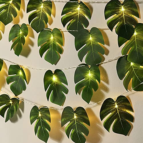 RECUTMS 20LED Monstera Leaf String Lights, Tropical Artificial Rattan Palm Leaves Wall Hanging Vine Greenery,Summer Decorations for Outdoor Indoor Hawaiian Luau Jungle Beach Theme Party Table Home - color: A Monstera Leaf String Lights 1 Pcs