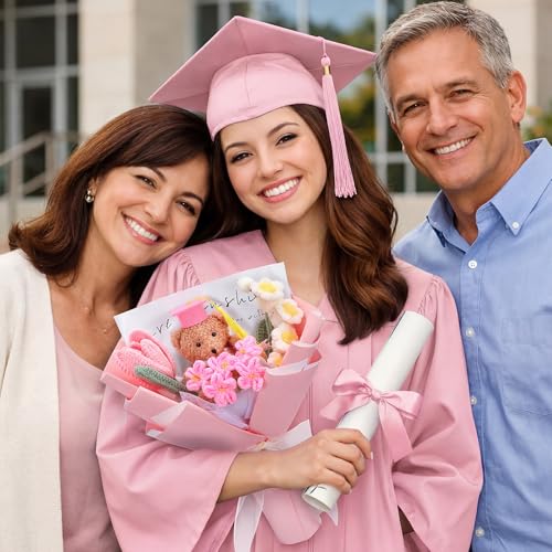 Graduation Crochet Flower Bouquet Set Includes Bear Knitted Tulips Forget-me-nots Lily of the Valley Greeting Card Gift Bag 2026 Pink Flower Bouquet Graduation Gift - color: Pink, style: Knitted Bear and Tulip