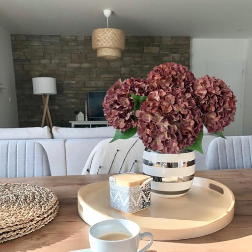 JINWOE Dark Coffee Silk Hydrangea Artificial Flowers, 4Pcs 22Inch Full Fake Artificial Hydrangeas with Stems for Bouquet Table Centerpieces Home Decoration Porch Outdoor - color: Dark Coffee