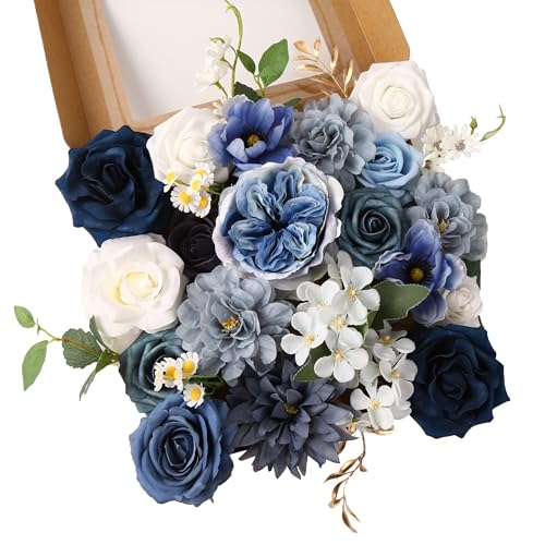 Dusty Blue Roses Silk Artificial Flowers Combo for DIY Bouquet Centerpieces Floral Arrangements, Navy Blue White Faux Flower with Stem Multi Use Wedding Party Home Decorations - color: Dusty Blue White