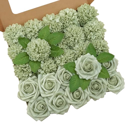 Artificial Flowers, 100pcs Sage Green Artificial Rose for DIY Wedding Bouquets Centerpieces Arrangements, Sage Green Rose and Dahlia Flowers with Stem for Bridal Shower Party Home Decorations - color: Sage Green Rose and Dahlia, size: 100pcs