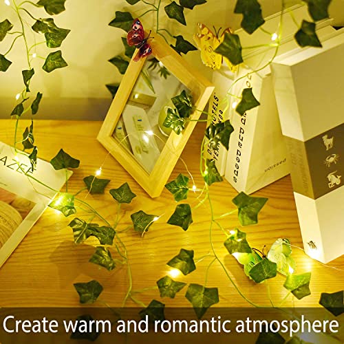 Fielegen 6.56ft Ivy Vine with 20 LED Fairy Lights, 2 Pack | 2 pack ivy garland with lights, no assembly needed. 2AA battery powered. Realistic leaves, ideal for parties & home decor. - color: Ivy Leaf (2 Pack)