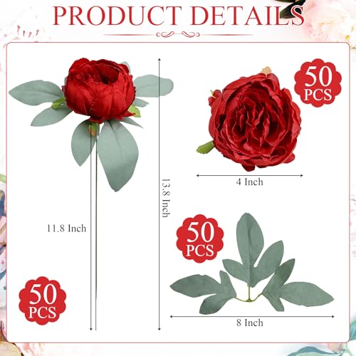 Artificial Peonies Flowers Bulk, 50Pcs 4’’ Red Peonies Fake Silk Flowers Heads for Table, Faux Peony Arrangements for Wedding, Valentine, Engagement, Party, Coffee, Dining Decorations(Red) - color: Red