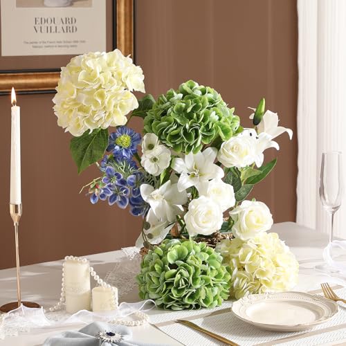 Nubry 4Pcs Hydrangea Artificial Flowers, 22.5In Latex Faux Real Touch Large Hydrangea Flowers with Long Stems & Leaves for Home Office Decor Wedding Party Arrangements(Beige&Green) - color: Beige&green, size: 4 Pcs