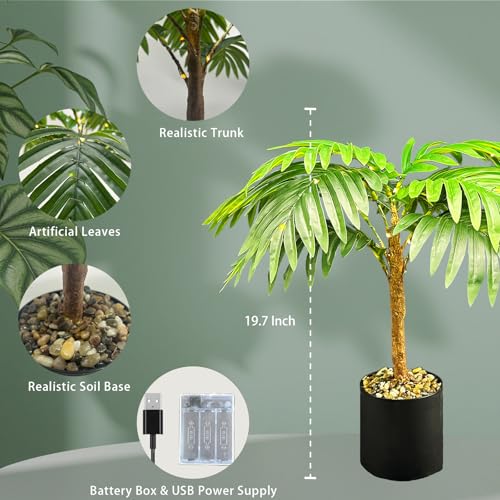 20-Inch Lighted Palm Tree Faux Plant, USB Battery Powered | LED palm leaf design, USB or battery powered, Indoor home decor, Artificial tropical plant, Living room accent - color: Palm Leaf