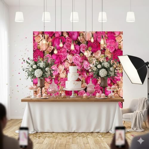 Ticuenicoa 6x6ft Pink Red Rose Flowers Photography Backdrop Valentine's Day Photo Background Baby Shower Wedding Birthday Decoration Bridal Shower Wedding Blossoms Roses Wall Art - size: 6x6ft