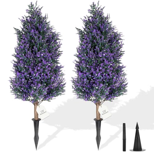 3FT Artificial Lavender Topiary Trees with Spike, 2 Pack UV Resistant Artificial Outdoor Shrubs Fake Bushes, Fake Plants for Indoor Outdoor Front Porch Garden Decor - color: 2 Pack 3ft Lavender