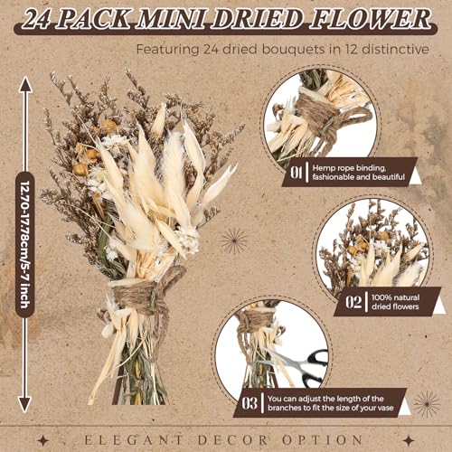 Layhit 24 Pcs Boho Dried Flower Bouquet Mini Wedding Handmade Dry Flowers Decor for Vase Crafts DIY Photo Boutonniere for Men Floral Plant for Bridesmaid Gift Birthday Decor(Stylish) - style: Stylish