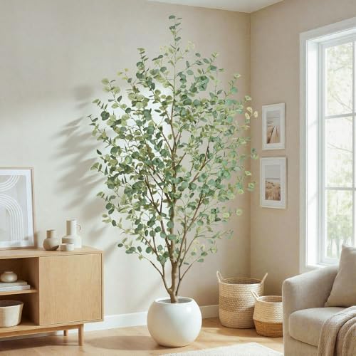 8FT Artificial Eucalyptus Tree Indoor, Faux Eucalyptus Tree with 901 Silk Leaves, Tall Fake Tree - Artificial Tree Indoor for Living Room Office Bedroom Home Decor - size: 8ft