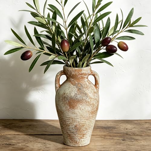 Ceramic Flower Vase with Handles, 11 Inch Farmhouse Rustic Vase, Decorative Terracotta Tall Vase for Home Decor, Living Room, Centerpiece, Shelf, Mantle Fireplace - color: 11"h-terracotta