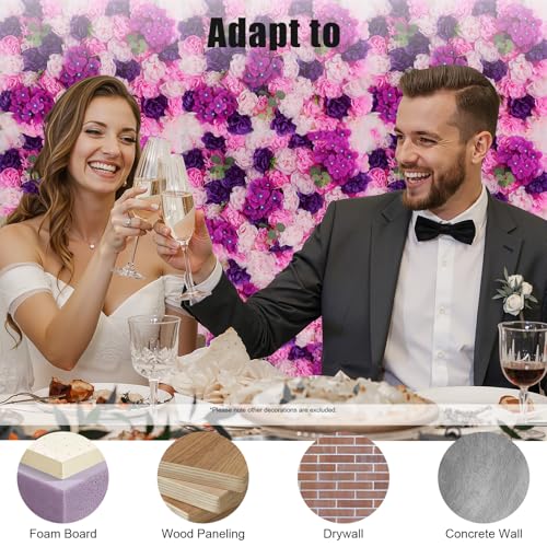 Flower Wall Backdrop 3D Wall Panels, 6Pcs Artificial Flower Wall Panel Silk Rose Floral Decorative Faux Flower Wall Background for Wedding Home Decoration (Pink, Purple,23.6 * 15.7in) - color: Pink, Purple