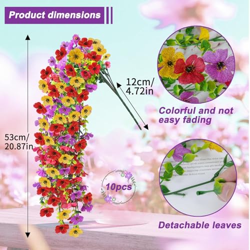 Zythrem 10Pcs Artificial Hanging Flowers for Outdoors, Faux Flowers for Outdoor Planters UV Resistant Floral Trailing Vine for Outside Front Door Balcony Patio Yard Decor - color: Colorful