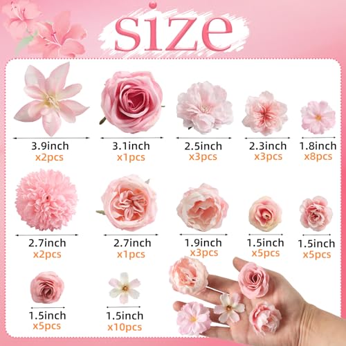 rongflower Fake Flower Heads for Crafts - Pink Silk Artificial Roses, Peonies, Daisies & Mini Floral Heads Bulk (48-Pack) for Wedding Decor, Graduation Cap, Cake Topper, Baby Shower, Home Decoration - color: Light Pink