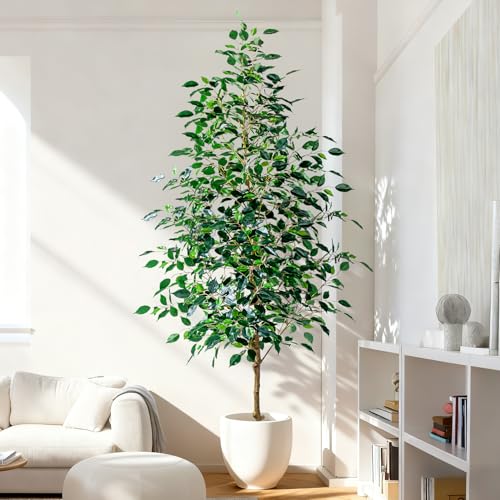 Bailikang 7FT Artificial Ficus Trees Indoor Faux Trees Indoor Fake Floor Plants Tall Artificial Tree with White Pot Faux Tree Fake Indoor Tree Silk Plants Artificial Trees for Home Decor Indoor - color: Green Leaf With White Pot, size: 7ft