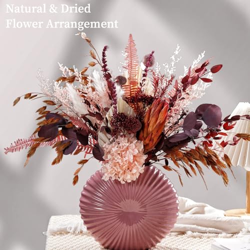 Dried Flower Bouquet, Blush Pink & Burgundy Boho Arrangement, Preserved Hydrangea Eucalyptus Florals for Wedding Bridal Bouquet, Farmhouse Romantic Home Decor Vase Filler - color: Blush Pink & Burgundy Dried Flower Bouquet